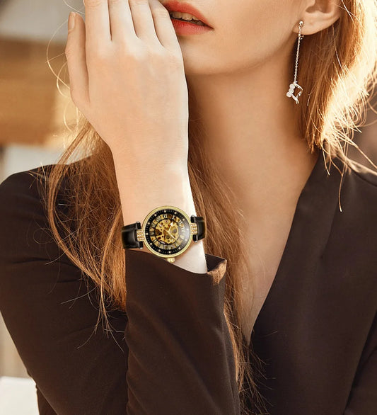 FORSINING-Montre mécanique automatique pour femme, blanc, doré, module, montre-bracelet, mode, business