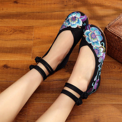 Veowalk Vintage femmes coton fleur broderie chaussures dames décontracté Style chinois confortable doux toile danse Ballets ballerine
