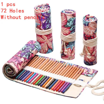Trousse à crayons en tissu coloré 12/24/36/48/72 trous, sac de rangement pour crayons cosmétiques, rouleau de crayons, fournitures scolaires 050045