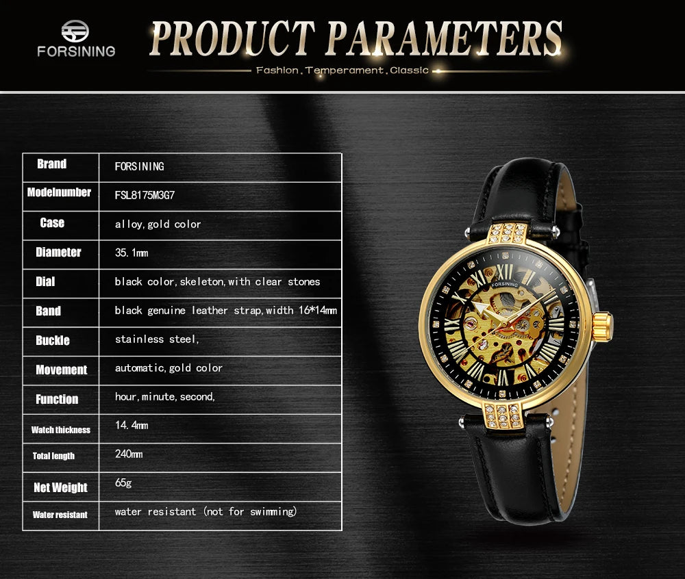 FORSINING-Montre mécanique automatique pour femme, blanc, doré, module, montre-bracelet, mode, business