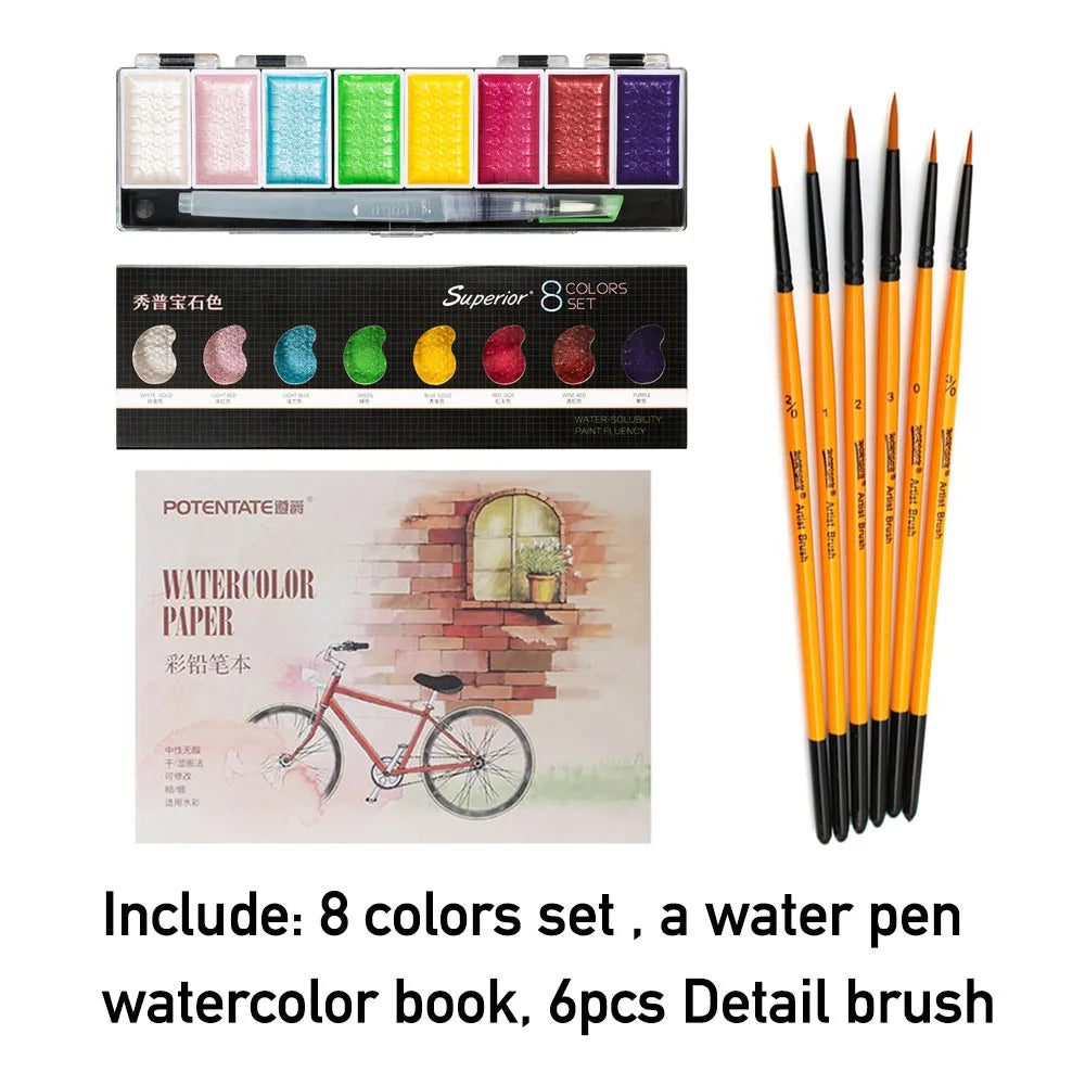 Ensemble de peinture à l'eau solide avec pinceau pour artiste, aquarelle, pigment doré métallique, fournitures d'art, qualité supérieure, 5 couleurs, 8 couleurs