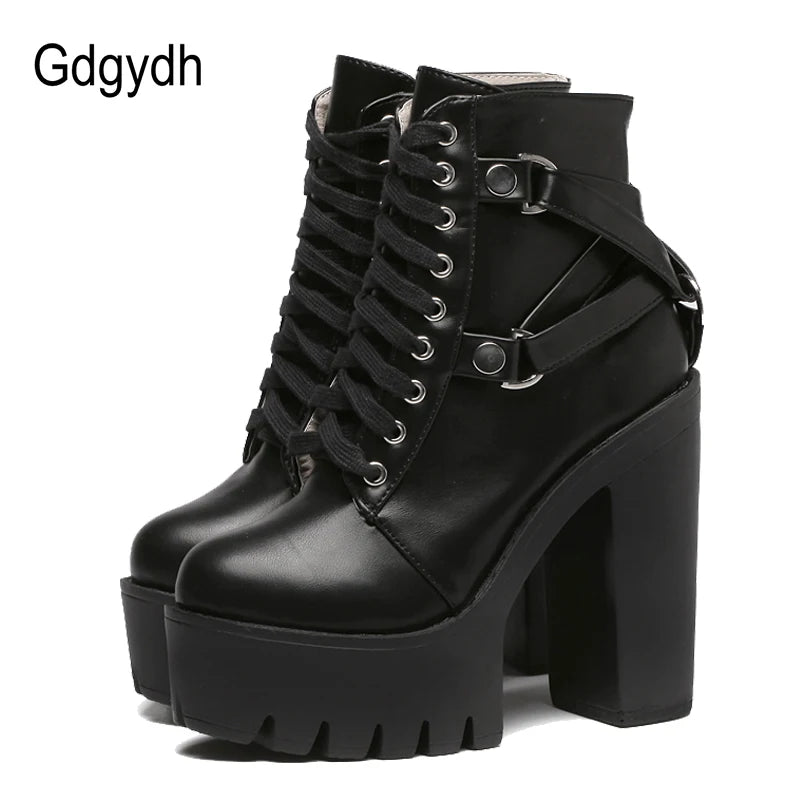 Gdgydh mode bottes noires femmes talon printemps automne à lacets en cuir souple plate-forme chaussures femme fête bottines talons hauts Punk