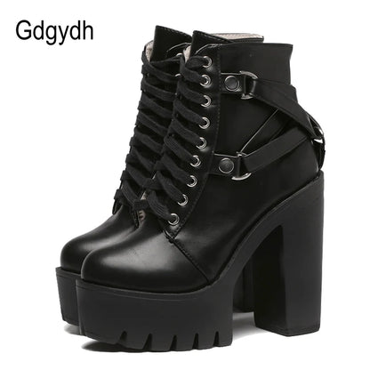 Gdgydh mode bottes noires femmes talon printemps automne à lacets en cuir souple plate-forme chaussures femme fête bottines talons hauts Punk
