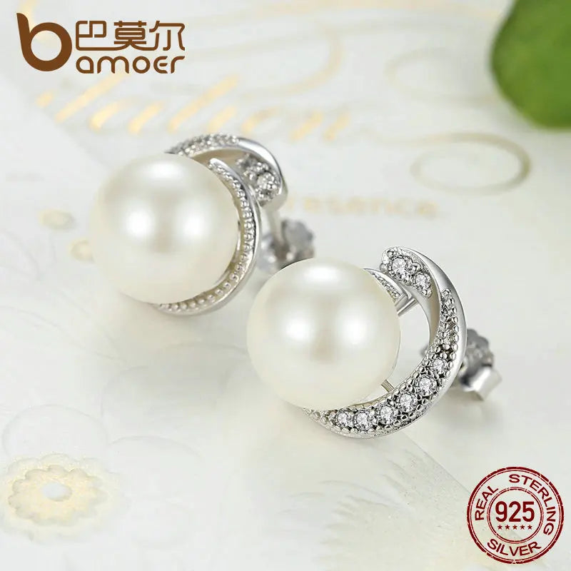 BAMOER-Boucles d'oreilles perle blanche en argent regardé 925