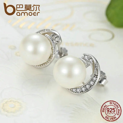 BAMOER-Boucles d'oreilles perle blanche en argent regardé 925