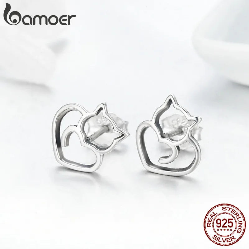 BAMOER-Boucles d'oreilles chat mignon en argent regardé 925 pour femme, bijoux authentiques, petit clou, mode, SCE271
