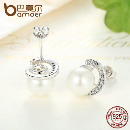 BAMOER-Boucles d'oreilles perle blanche en argent regardé 925