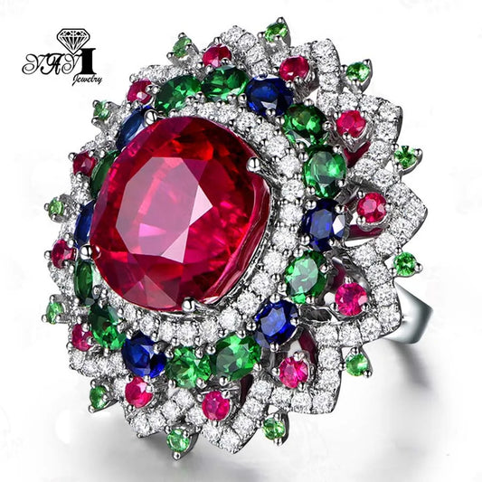 YaYI – bijoux coupe princesse, corindon rouge, pierres précieuses, Zircon, couleur argent, fiançailles, fête de mariage, bagues précieuses
