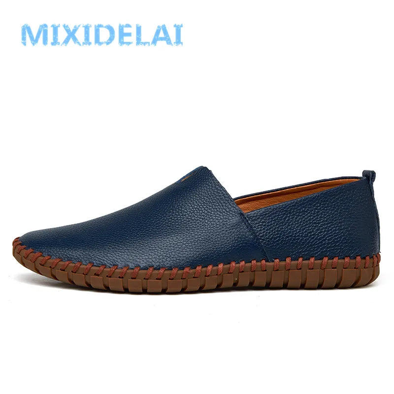 MIXIDELAI mocassins en cuir de vache véritable pour hommes mocassins faits à la main en cuir souple bleu sans lacet chaussure de bateau pour hommes grande taille 38 ~ 47