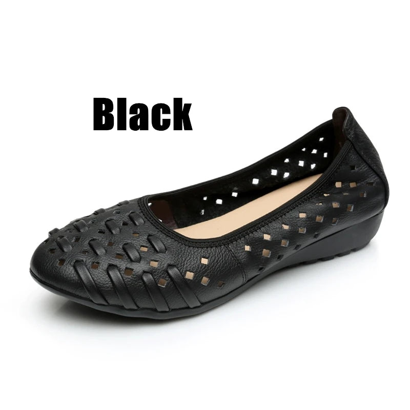 WOIZGIC mère femmes chaussures sandales plates évider en cuir véritable sans lacet mocassins doux été plage Vintage grande taille 42 43
