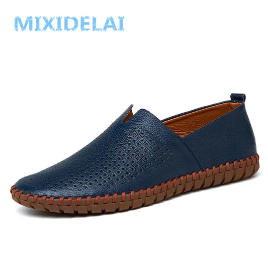 MIXIDELAI mocassins en cuir de vache véritable pour hommes mocassins faits à la main en cuir souple bleu sans lacet chaussure de bateau pour hommes grande taille 38 ~ 47