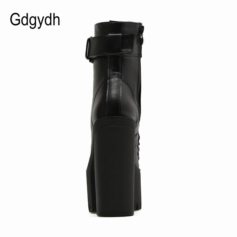 Gdgydh mode moto bottes femmes en cuir printemps automne boucle en métal talons hauts chaussures fermeture éclair noir bottines femme laçage