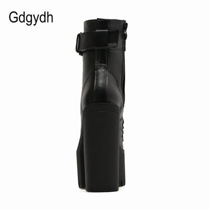 Gdgydh mode moto bottes femmes en cuir printemps automne boucle en métal talons hauts chaussures fermeture éclair noir bottines femme laçage