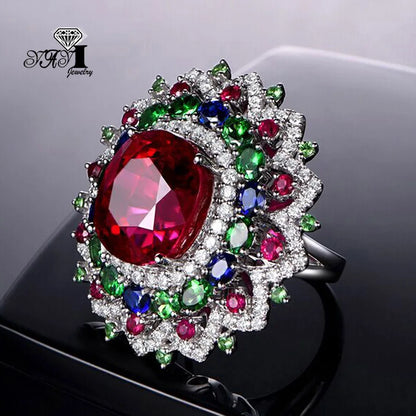 YaYI – bijoux coupe princesse, corindon rouge, pierres précieuses, Zircon, couleur argent, fiançailles, fête de mariage, bagues précieuses