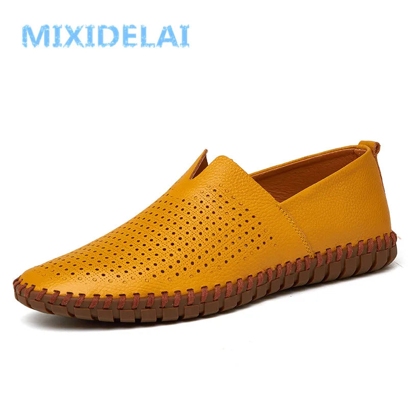 MIXIDELAI mocassins en cuir de vache véritable pour hommes mocassins faits à la main en cuir souple bleu sans lacet chaussure de bateau pour hommes grande taille 38 ~ 47