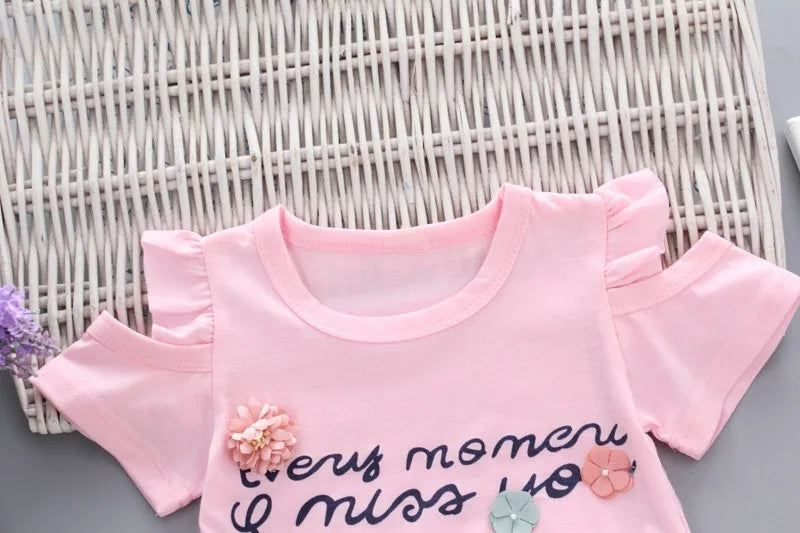 Bébé filles vêtements imprimé fleuri à manches courtes sans bretelles T-shirt + pantalon 2 pièces fille ensemble enfant tenue dame costume princesse enfant ensemble A293