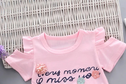 Bébé filles vêtements imprimé fleuri à manches courtes sans bretelles T-shirt + pantalon 2 pièces fille ensemble enfant tenue dame costume princesse enfant ensemble A293