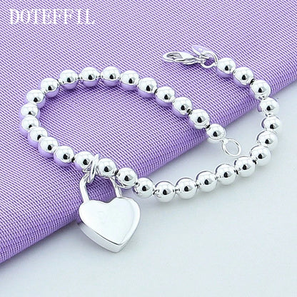 DOTEFFIL 925 argent Sterling coeur serrure 6mm perles chaîne Bracelets
