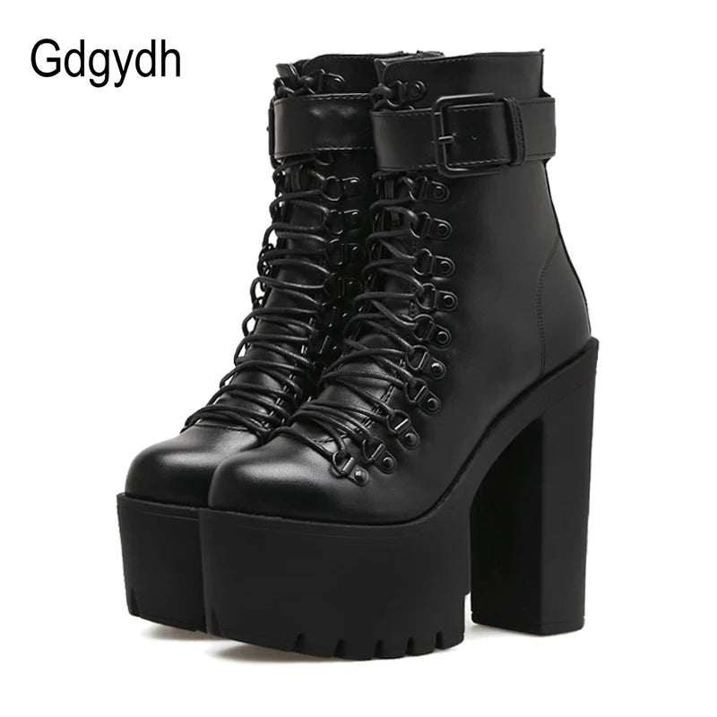 Gdgydh mode moto bottes femmes en cuir printemps automne boucle en métal talons hauts chaussures fermeture éclair noir bottines femme laçage