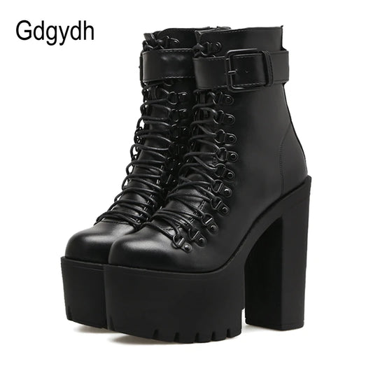 Gdgydh mode moto bottes femmes en cuir printemps automne boucle en métal talons hauts chaussures fermeture éclair noir bottines femme laçage