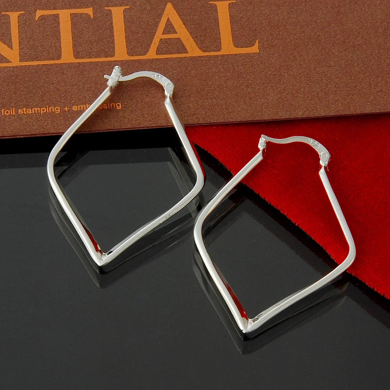 Boucles d'oreilles créoles géométriques simples en argent regardé 925 pour femmes, boucles d'oreilles cercle losange, bijoux de déclaration de mariage, mode
