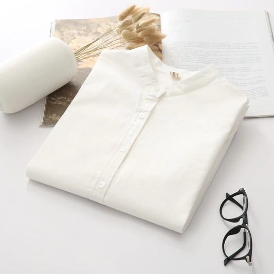 EYM 2024 marque nouveauté chemise femme décontracté coton col montant couleur unie blanc à manches longues Blouses Style Simple montre de sport
