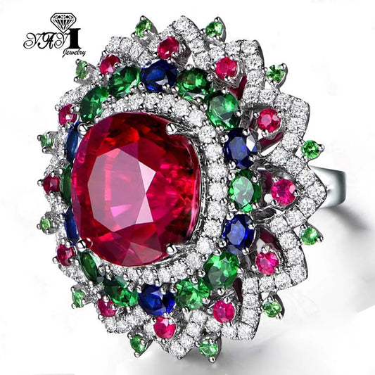 YaYI – bijoux coupe princesse, corindon rouge, pierres précieuses, Zircon, couleur argent, fiançailles, fête de mariage, bagues précieuses