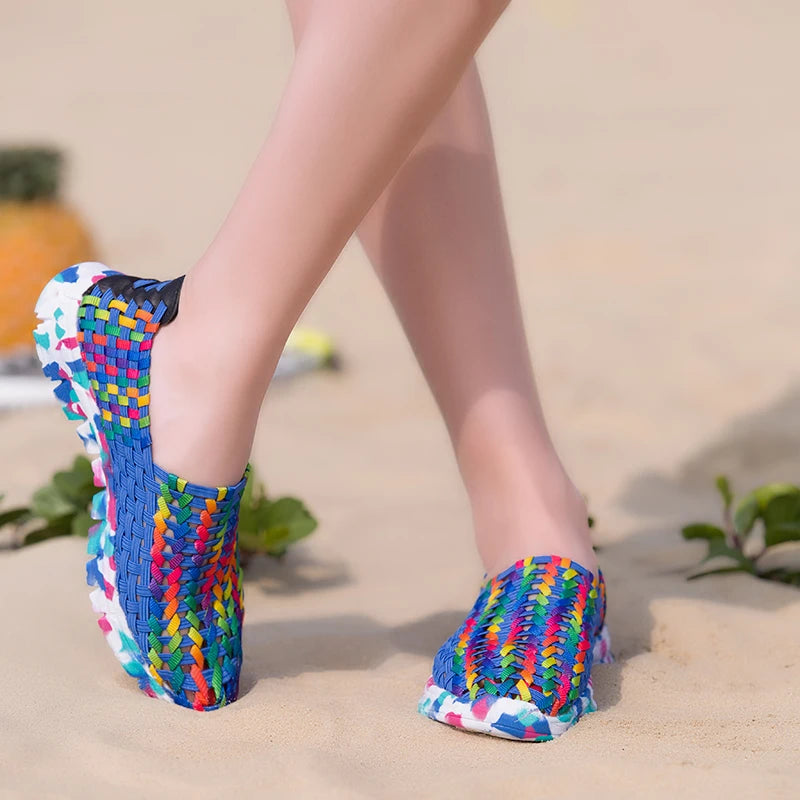 Mocassins d'été pour femmes, chaussures plates tissées décontractées, baskets respirantes à enfiler, colorées, grande taille 41