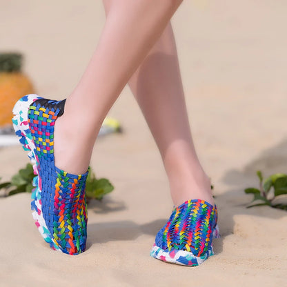 Mocassins d'été pour femmes, chaussures plates tissées décontractées, baskets respirantes à enfiler, colorées, grande taille 41