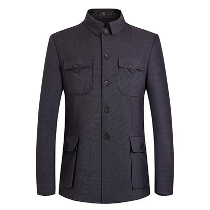Veste de costume Mao pour hommes, tunique chinoise imbibée, blazer à col à ailes mandarin masculin, manteau Sun Yat Sen Zhongshan, blazer classique
