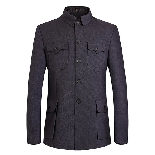 Veste de costume Mao pour hommes, tunique chinoise imbibée, blazer à col à ailes mandarin masculin, manteau Sun Yat Sen Zhongshan, blazer classique