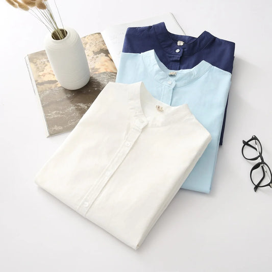 EYM 2024 marque nouveauté chemise femme décontracté coton col montant couleur unie blanc à manches longues Blouses Style Simple montre de sport