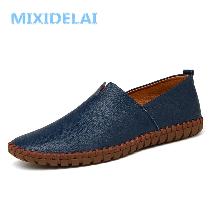 MIXIDELAI mocassins en cuir de vache véritable pour hommes mocassins faits à la main en cuir souple bleu sans lacet chaussure de bateau pour hommes grande taille 38 ~ 47