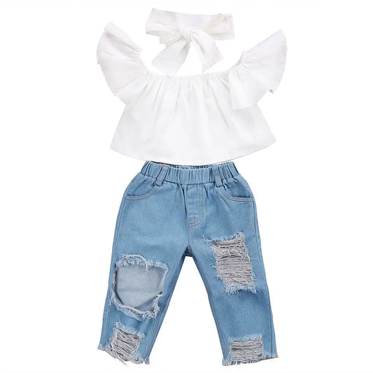 2025 nouvelle marque enfant en bas âge infantile enfant fille enfants hors épaule hauts Denim pantalon jean tenues bandeau 3 pièces ensemble vêtements de mode 1-6Y