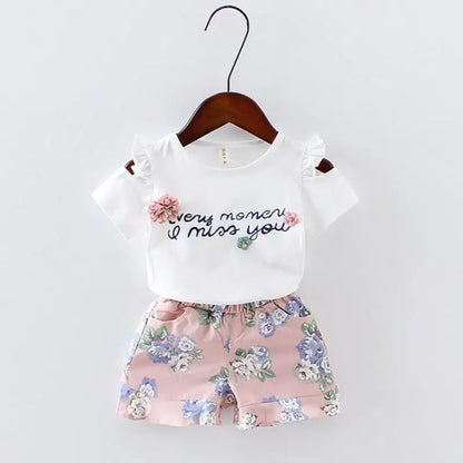 Bébé filles vêtements imprimé fleuri à manches courtes sans bretelles T-shirt + pantalon 2 pièces fille ensemble enfant tenue dame costume princesse enfant ensemble A293
