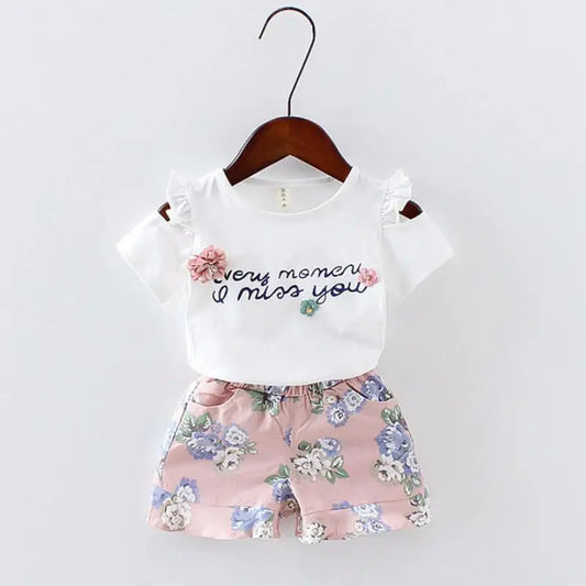 Bébé filles vêtements imprimé fleuri à manches courtes sans bretelles T-shirt + pantalon 2 pièces fille ensemble enfant tenue dame costume princesse enfant ensemble A293