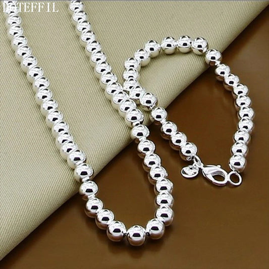 DOTEFFIL 925 argent Sterling 8mm creux lisse perles rondes collier Bracelets ensemble pour les femmes de mariage fiançailles fête bijoux