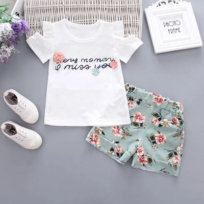 Bébé filles vêtements imprimé fleuri à manches courtes sans bretelles T-shirt + pantalon 2 pièces fille ensemble enfant tenue dame costume princesse enfant ensemble A293