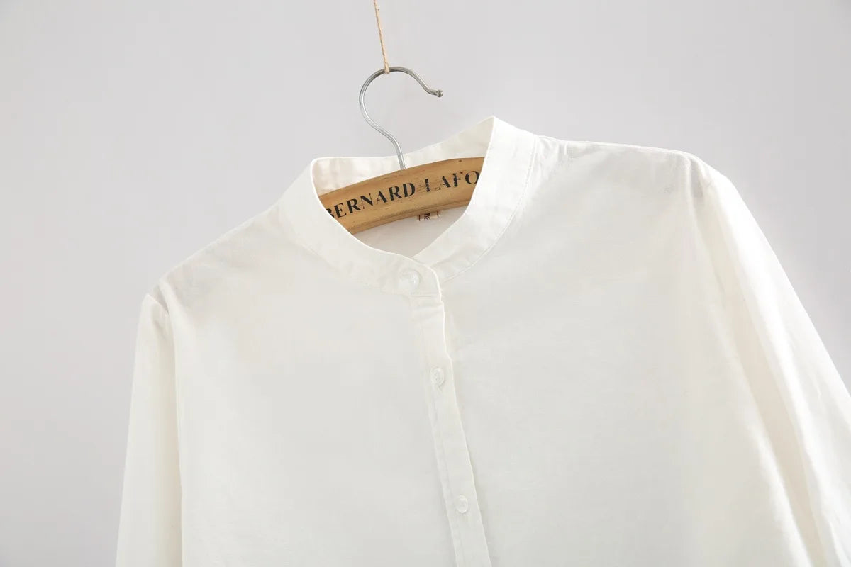 EYM 2024 marque nouveauté chemise femme décontracté coton col montant couleur unie blanc à manches longues Blouses Style Simple montre de sport