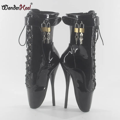 Wonderheel en vente bottines de ballet 7 "point talon haut noir brillant chaussures de ballet cadenas verrouillés sexy fétiche laçage bottes de mollet