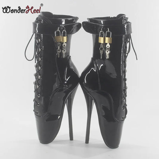 Wonderheel en vente bottines de ballet 7 "point talon haut noir brillant chaussures de ballet cadenas verrouillés sexy fétiche laçage bottes de mollet