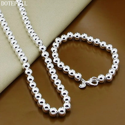 DOTEFFIL 925 argent Sterling 8mm creux lisse perles rondes collier Bracelets ensemble pour les femmes de mariage fiançailles fête bijoux