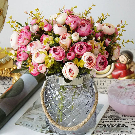10 têtes Vintage fleurs en soie rétro thé Roses fleurs artificielles Bouquet de mariée pour décoration de mariage maison fausses fleurs A3050