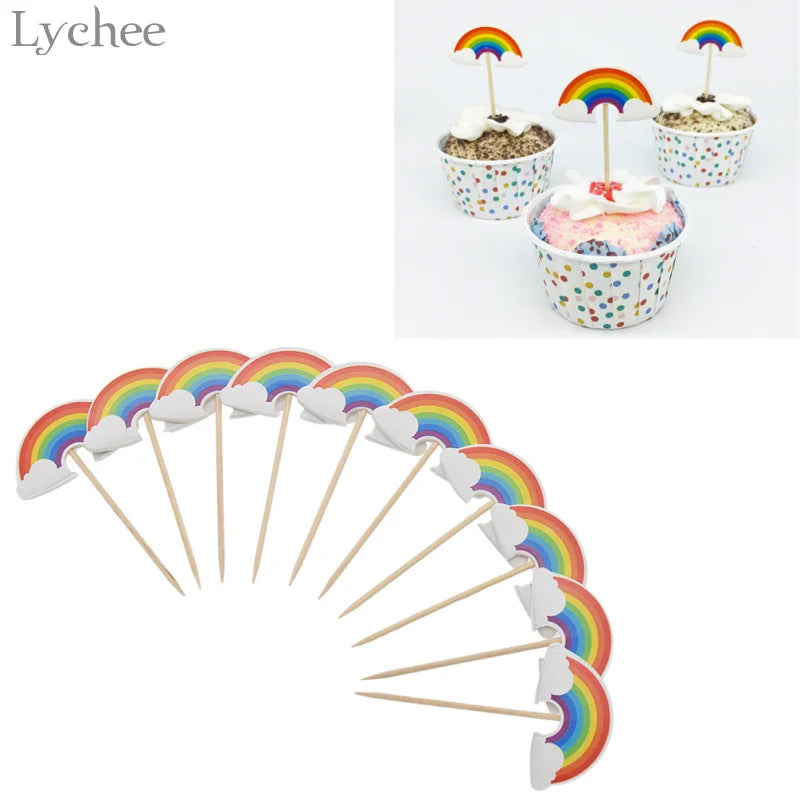 Lychee Life 24 pièces dessin animé arc-en-ciel Cupcake Toppers enfants fête d'anniversaire décorations de mariage gâteau drapeau fournitures