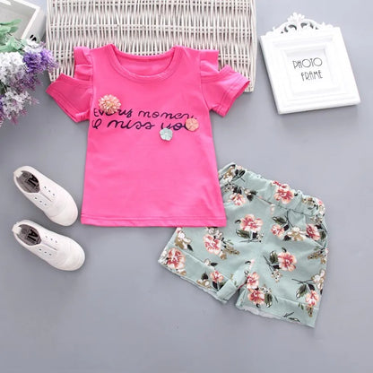 Bébé filles vêtements imprimé fleuri à manches courtes sans bretelles T-shirt + pantalon 2 pièces fille ensemble enfant tenue dame costume princesse enfant ensemble A293