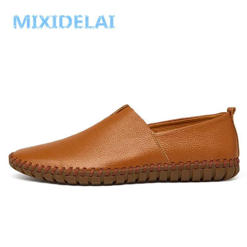 MIXIDELAI mocassins en cuir de vache véritable pour hommes mocassins faits à la main en cuir souple bleu sans lacet chaussure de bateau pour hommes grande taille 38 ~ 47