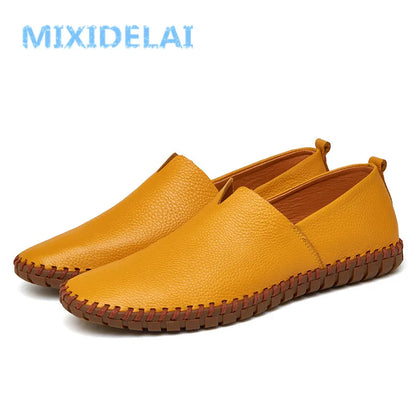 MIXIDELAI mocassins en cuir de vache véritable pour hommes mocassins faits à la main en cuir souple bleu sans lacet chaussure de bateau pour hommes grande taille 38 ~ 47