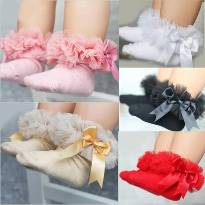 Chaussettes bébé fille avec nœud papillon dentelle à volants princesse chaussette en coton avec rubans Multi couleurs gris rouge noir rose blanc chaussettes princes