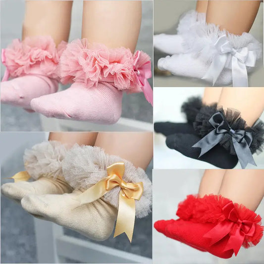 Chaussettes bébé fille avec nœud papillon dentelle à volants princesse chaussette en coton avec rubans Multi couleurs gris rouge noir rose blanc chaussettes princes
