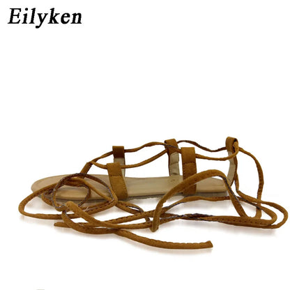 Eilyken été sandales romaines sangle croisée haute genou haute Bondage string plat femmes sandales tongs noir abricot